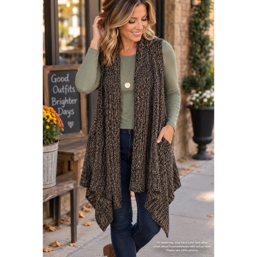 Grace and Lace OS Sleeveless Cardigan Vest Marled Brown Black Waterfall Drape